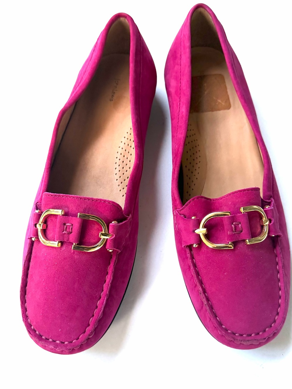 John Lewis 9.5 Fuchsia Suede Horsebit Loafers Gold Hardware